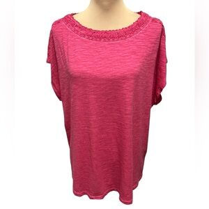 NWT Chico's Pigment Dye Lace Detail Dolman Top Short Sleeve Rose Pink Sz 3 = XL.